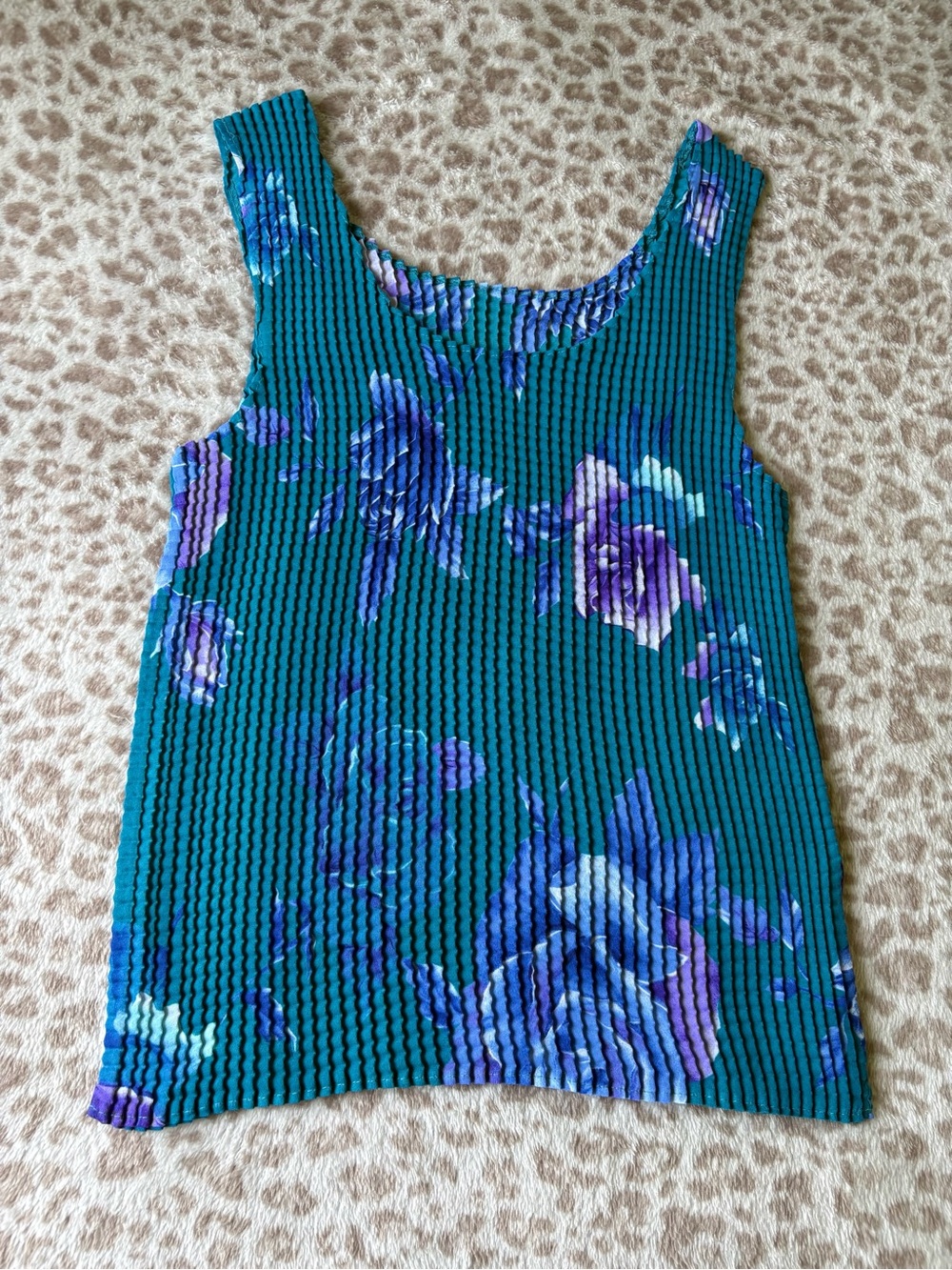 Impressions Teal Ribbed Floral Tank Top with Purple Roses